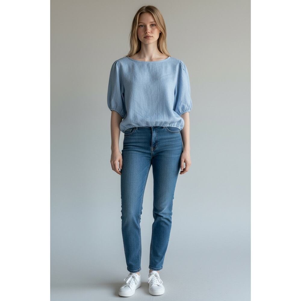 Bellambra Baby Blue Linen Puff Sleeve Cropped Top Size L